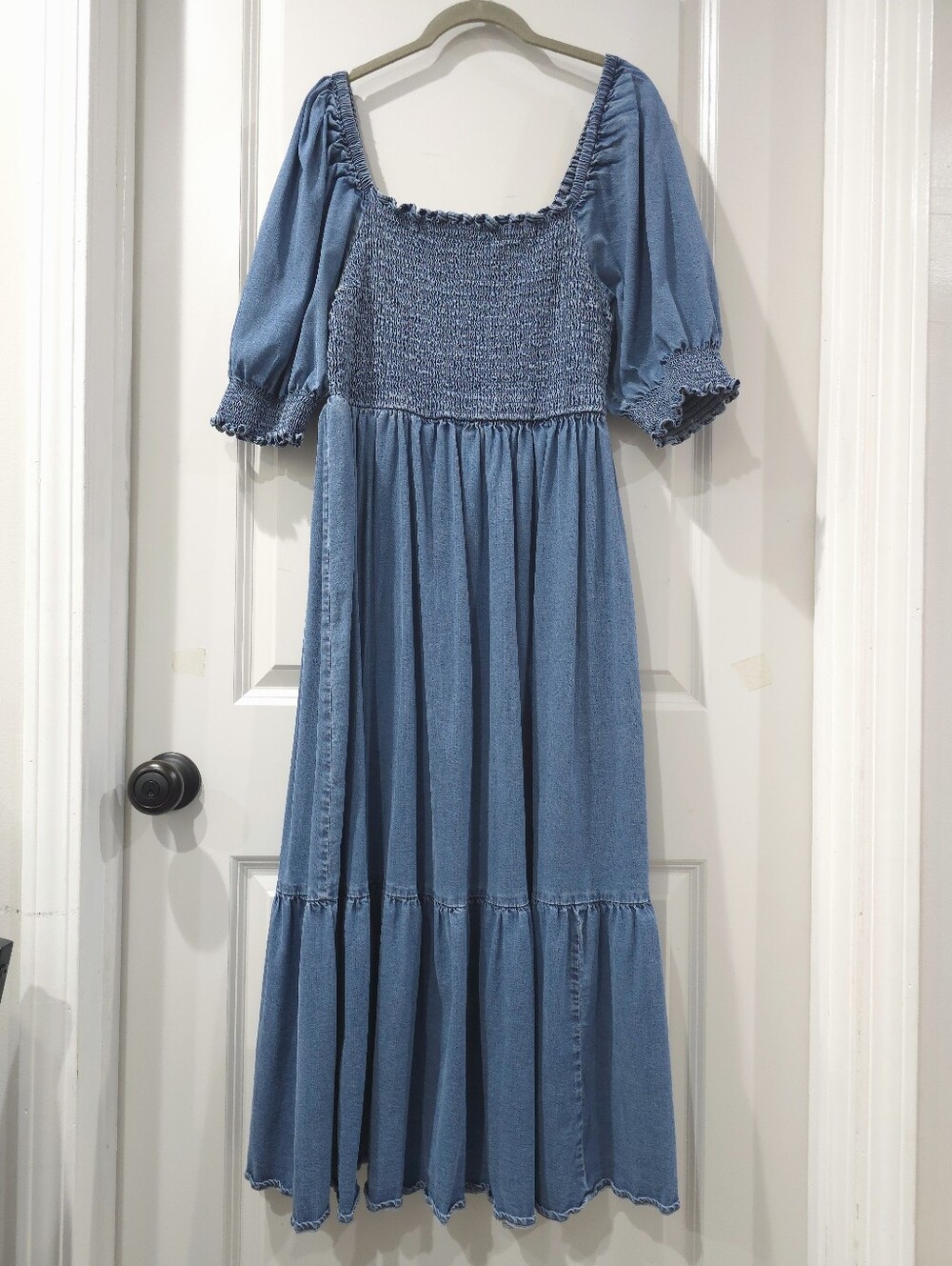 Smocked Square-Neck Maxi Denim Dress in Light Blue, Cottagecore Boho Cowgirl, L